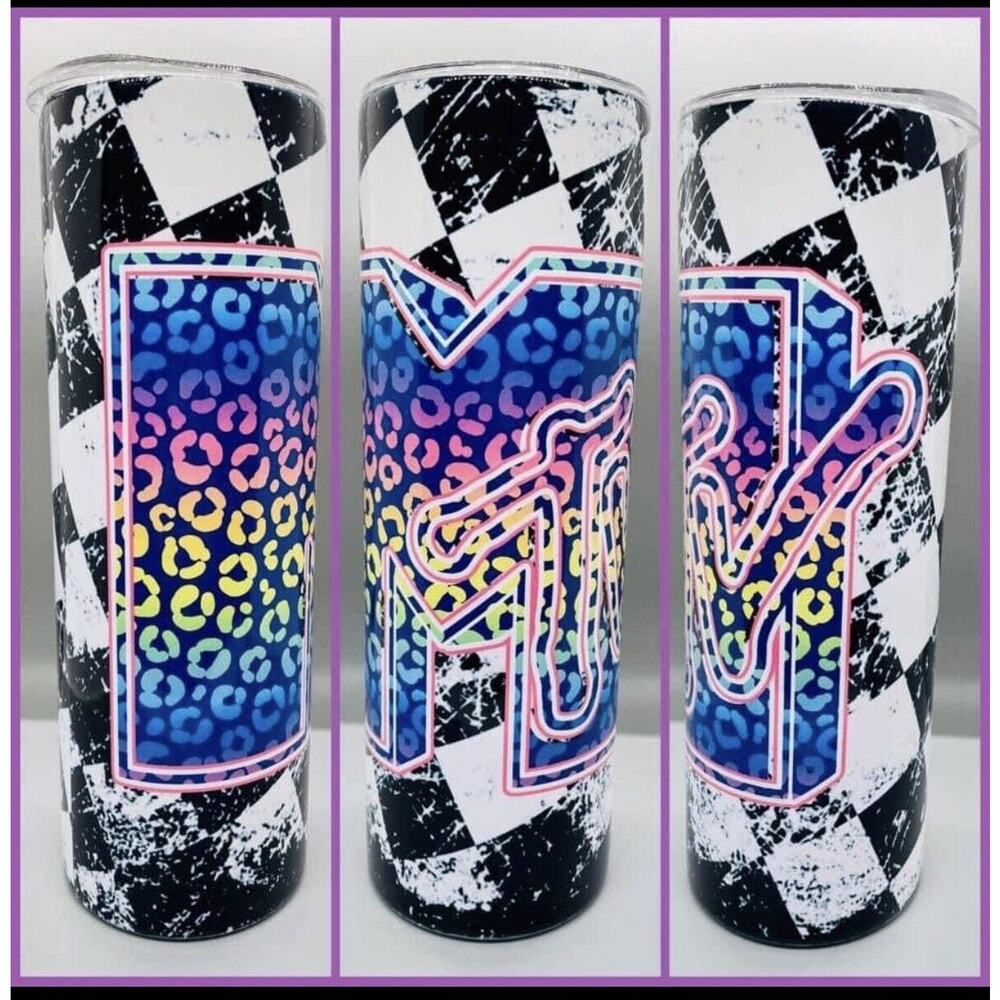 MTV 20 oz Skinny Tumbler with Straw and Lid Retro Checkerboard Rainbow Leopard